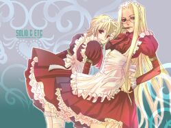  2girls blonde_hair cigar dress glasses hellsing integra_hellsing maid multiple_girls red_eyes seras_victoria solid&amp;etc thigh-highs thighhighs 