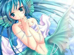  blue_hair cute earrings fins head_fins headfins jewelry mermaid monster_girl pearl pearls sexy 