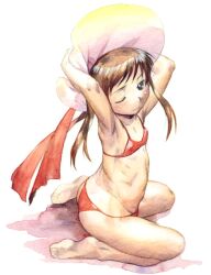  armpits arms_up barefoot bikini blush brown_hair copyright_request feet hat lolicon long_hair looking_at_viewer one_eye_closed red_bikini satou_toshiyuki simple_background sitting solo swimsuit twisted_torso wariza white_background wince 