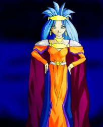  blue_hair cape chrono_(series) chrono_trigger crown dress earrings green_eyes jewelry long_hair queen_zeal 