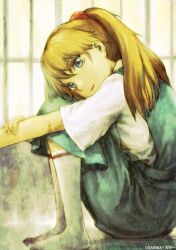  abe_yoshitoshi blue_eyes company_name female from_side full_body green_skirt hugging_own_legs indoors interface_headset light long_hair looking_to_the_side neon_genesis_evangelion no_shoes orange_hair parted_lips school_uniform shirt short_sleeves sitting skirt socks solo souryuu_asuka_langley suspender_skirt suspenders tokyo-3_middle_school_uniform two_side_up white_shirt white_socks window 