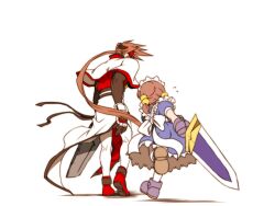  arcana_heart armor armored_dress brown_hair concrete crossover esaka female fiona_mayfield from_behind gloves guilty_gear looking_back m.u.g.e.n order-sol ribbon running short_twintails sol_badguy sword twintails weapon 