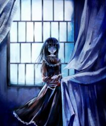  artist_request black_hair blue_eyes curtains cuts dress fatal_frame fatal_frame_4 haibara_ayako injury long_hair scissors solo window 