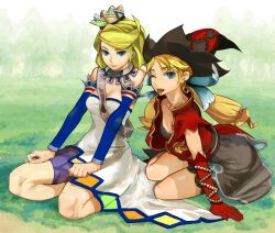  bad_id bad_pixiv_id blonde_hair blue_eyes detached_sleeves diana_(saga) elbow_gloves gloves hat kneeling multiple_girls myriam_(saga) one_eye_closed romancing_saga romancing_saga_minstrel_song ryman saga 