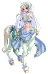  blonde_hair blue_eyes breasts centaur centauress female female flower full_body hooves horn kenkou_cross kenkou_kurosu mamono_girl_lover monster_girl monster_girl_encyclopedia simple_background solo tail unicorn unicorn_(mamono_girl_lover) white_background white_hair 