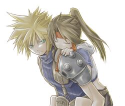  blonde_hair brown_hair carrying closed_eyes cloud_strife couple female female final_fantasy final_fantasy_vii green_eyes headband jessie_(ff7) long_hair lowres male nukomiso piggyback ponytail short_hair shoulder_pads sleeveless sleeveless_turtleneck spiked_hair spiky_hair suspenders turtleneck 