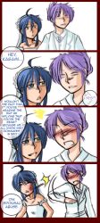  2girls 4koma =_= antenna_hair blue_hair blush hiiragi_kagami hit izumi_konata lucky_star smile suit wedding yuri 