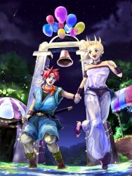  balloon bare_shoulders bell blonde_hair blue_eyes chains choker chrono_(series) chrono_trigger crono green_eyes headband jewelry kuratomi long_hair marle necklace night open_mouth ponytail red_hair red_hair sandals short_hair sky spiked_hair spiky_hair sword tommy0117 weapon wristband 