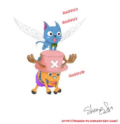  animal antlers backpack bag blue_hair blue_nose chopper fairy_tail feline flying happy happy_(fairy_tail) hat highres one_piece randoseru reindeer sheng_fu simple_background tony_tony_chopper white_background wings 