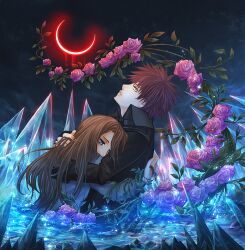  aqua_eyes bella_swan brown_hair crescent_moon edward_cullen flower hug ice long_hair looking_up moon night red_hair red_hair rose spiked_hair spiky_hair the_twilight_saga water yellow_eyes 