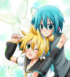  2boys butterflies butterfly hatsune_mikuo kagamine_len male male_focus milenkuo multiple_boys vocaloid 