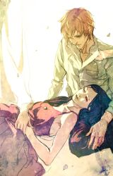  bella_swan black_hair blonde_hair closed_eyes dress edward_cullen lap_pillow nozoki_davis red_dress shirt sleeping the_twilight_saga 