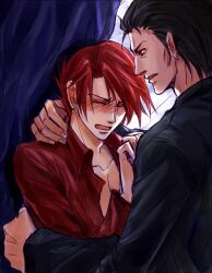  black_hair blush closed_eyes curtain curtains formal hold holding hug kaoru male male_focus open_clothes open_shirt push pushing red_hair red_hair red_shirt shirt suit umineko_no_naku_koro_ni ushiromiya_battler ushiromiya_rudolf yaoi 