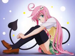  blush female full_body gradient gradient_background green_eyes lala_satalin_deviluke legs long_hair miniskirt no_panties pink_hair school_uniform skirt smile solo to_love-ru toloveru wallpaper 