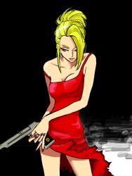  bare_shoulders blonde_hair breasts dress earrings female female final_fantasy final_fantasy_vii gun hair_over_one_eye handgun jewelry long_hair mame_wo mameko_(pixiv308667) pistol red_dress scarlet_(ff7) solo strap_slip torn_clothes weapon 