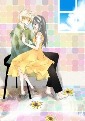  bella_swan blonde_hair chair dress edward_cullen flower grey_hair lap_sitting long_hair sitting sitting_on_lap sitting_on_person smile sunflower the_twilight_saga window yellow_dress 