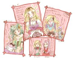  6+girls 6girls apron blonde_hair blush chocolate dark_skin female final_fantasy final_fantasy_iv final_fantasy_iv_the_after green_hair hair_ornament leonora long_hair luca_(ff4) multiple_girls na_(pixiv913562) pink_hair ponytail porom rosa_farrell rydia ursula_leiden 