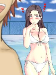  avan_hardins beauty_mark bikini blue_eyes blush breasts brown_hair cleavage female long_hair male midriff mole morinokomichi nokomichi_forest pool red_hair red_hair senjou_no_valkyria senjou_no_valkyria_2 sofia_collins swimsuit 