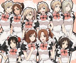  6+girls ahoge alternate_costume america_(hetalia) annoyed apron arm_up axis_powers_hetalia black_dress black_eyes black_hair blonde_hair blue_eyes blush bow bowtie breasts brown_eyes brown_hair bun_cover china_(hetalia) commentary_request double_bun dress erito france_(hetalia) frown genderswap_(mtf) germany_(hetalia) green_eyes hair_bun hair_ornament hairpin happy head_tilt heart huge_breasts japan_(hetalia) large_breasts long_hair maid maid_headdress multiple_girls northern_italy_(hetalia) one_eye_closed open_mouth parted_bangs ponytail puffy_sleeves rule_63 russia_(hetalia) short_dress short_hair short_sleeves siblings single_hair_bun sisters smile southern_italy_(hetalia) spain_(hetalia) swept_bangs teeth thighhighs twintails uniform united_kingdom_(hetalia) v v_arms wavy_hair white_legwear 