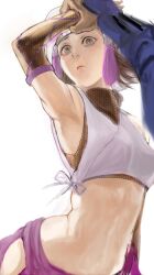  armpits brown_hair detached_sleeves female female grey_eyes guri_otoko hat kunoichi_(sengoku_musou) midriff sengoku_musou short_hair solo white_background 