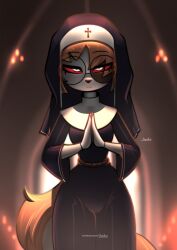  absurd_res anthro candlelight canid canid_demon canine demon female glass hair hellhound hi_res jizoku light looking_at_viewer mammal mythological_canine mythological_creature mythology nun_outfit orange_hair red_sclera sol_(jizoku) solo 
