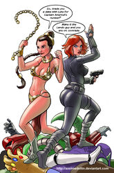  2014 2girls armlet armor artist_name ass avengers axel_medellin belt big_breasts bikini_armor black_widow_(marvel) blue_eyes bodysuit boots braid breasts brown_eyes brown_hair butt clenched_hands clothing collar combat_boots contrapposto crossover english english_text female fingerless_gloves gloves gun holding_gun holding_weapon human infinity_gauntlet jewelry jumpsuit large_breasts legs_crossed light-skinned_female linea_alba lipstick lucasfilm makeup marvel marvel_comics midriff multiple_girls natasha_romanoff navel pelvic_curtain pistol posterior_cleavage princess_leia_organa rear_view red_hair red_lipstick return_of_the_jedi secret_agent short_hair simple_background single_braid speech_bubble star_wars superheroine text tied_hair utility_belt weapon web_address 