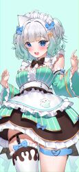  absurdres ahoge apron belt black_bow black_bowtie blue_belt blue_bow blue_eyes bow bowtie breasts center_frills dress female frilled_apron frills gradient_hair green_background green_dress green_hair green_nails grey_hair hairbow highres himeliofon indie_virtual_youtuber long_sleeves maid maid_headdress mint_fantome multicolored_hair open_mouth pinstripe_dress pinstripe_pattern pointy_ears short_hair single_thighhigh solo teeth thigh_belt thigh_strap thighhighs upper_teeth_only virtual_youtuber white_apron white_thighhighs 