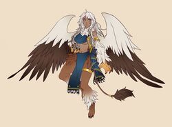  animal animal_hands armband bare_shoulders bird_wings blush braid breasts claws closed_mouth dark-skinned_female dark_skin feathered_wings feathers female flying full_body fur_collar grey_eyes griffon_(monster_girl_encyclopedia) holding holding_animal jewelry large_breasts lion_tail long_hair looking_at_viewer manosdetrapo midriff monster_girl monster_girl_encyclopedia mouse_(animal) multicolored_wings navel pelvic_curtain pink_background simple_background solo tail thighlet underboob white_hair wings 