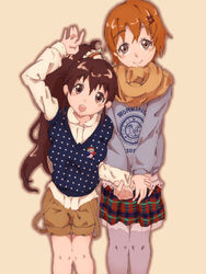  2girls bad_id bad_pixiv_id brown_hair inami_mahiru multiple_girls orange_hair pantyhose photoshop_(medium) ponytail short_hair taneshima_popura touyu working!! 