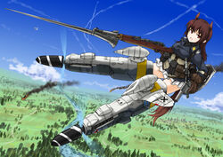  animal_ears bad_id bad_pixiv_id bayonet bolt_action breasts brown_hair commentary dakku_(ogitsune) female flare_gun flying gloves gun long_hair mauser_98 medium_breasts original panties pantyshot photoshop_(medium) red_eyes rifle skirt solo striker_unit sturmpistole tail underwear weapon white_panties world_witches_series 