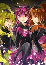  3girls :d bad_end_happy bad_end_peace bad_end_precure bad_end_sunny bat_wings black_bodysuit blonde_hair bodysuit commentary_request dark_persona earrings evil_smile girl_sandwich glowing hand_on_own_chest jewelry leg_up multiple_girls open_mouth orange_hair pink_eyes pink_hair precure red_eyes sandwiched shaded_face smile smile_precure tiara wings yellow_eyes yuzucky 