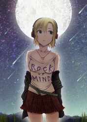  3e blush breasts brown_hair clothes_writing commentary_request cowboy_shot female full_moon green_eyes headphones idolmaster idolmaster_cinderella_girls jewelry medium_breasts moon necklace off_shoulder open_mouth outdoors parted_lips photoshop_(medium) short_hair skirt solo tada_riina 