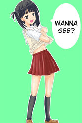  1boy aikawa_kizuna asymmetrical_hair black_eyes black_hair crossdressing crossdressing footwear hair_ornament hairclip hard_translated midriff navel open_mouth prunus_girl shirt_lift shoes skirt smile socks solo sweater translated trap undressing 