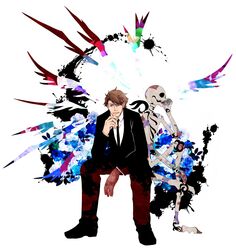  1boy abstract bad_id bad_pixiv_id brown_hair flower formal hand_on_own_chin male_focus masaoka_tomomi mechanical_arms necktie psychedelic psycho-pass rose simple_background single_mechanical_arm skeleton solo splotch suit torimura torimura_(5143732) 