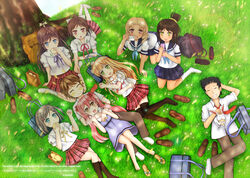  2boys 6+girls artist_name azuki_azusa bag barefoot black_hair black_legwear black_skirt blonde_hair blue_eyes blue_neckwear blush bow brown_eyes brown_hair closed_eyes commentary_request duffel_bag eating emanuella_porlallora english_text facing_another grass green_eyes hair_ornament hairbow hairclip heart heart-shaped_pupils hentai_ouji_to_warawanai_neko. highres kantoku_(style) kneehighs kneeling looking_at_another looking_at_viewer lying maimaki_mai morii_(hentai_ouji_to_warawanai_neko.) moriya_(hentai_ouji_to_warawanai_neko.) multiple_boys multiple_girls nshot1402 on_back open_mouth outdoors parted_lips photoshop_(medium) pink_hair plaid plaid_skirt ponta_(hentai_ouji_to_warawanai_neko.) ponytail rabbit red_bow red_eyes red_skirt shoes short_hair sitting skirt smile socks symbol-shaped_pupils thighhighs tree tsutsukakushi_tsukiko tsutsukakushi_tsukushi twintails unworn_shoes wariza white_bow white_legwear yokodera_youto 