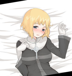  blonde_hair blue_eyes blush breasts commentary_request female gloves large_breasts lying megane_chuu on_back orsola_aquinas short_hair smile solo toaru_majutsu_no_index 