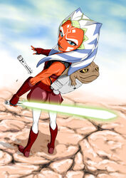  ahsoka_tano alien animification backpack bag belt blue_eyes cloud commentary_request day energy_sword facial_mark female fingerless_gloves from_behind gloves jedi jedi_knight kaise_sousuke knight lightsaber lips photoshop_(medium) reverse_grip rotta_the_hutt shorts sky smirk solo star_wars star_wars:_the_clone_wars sword tatooine tattoo tentacle_hair togruta weapon yellow_eyes 