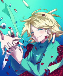  a_(nostalgic) androgynous blonde_hair closed_eyes commentary_request crayon eyeball flower gender_request knife nostalgic pill rose sabamiso_(tomatomikan) smile spoilers worm 