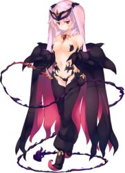  black_legwear breasts dungeon_travelers_2 female full_body gloves highres holding jitome lilian_craper long_hair medium_breasts navel official_art pink_hair pointy_footwear red_eyes revealing_clothes shoes solo sumaki_shungo transparent_background twintails whip 