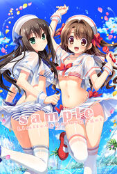  2girls ass bikini blush bow breasts brown_eyes brown_hair comiket_86 commentary_request crop_top crop_top_overhang day double_horizontal_stripe green_eyes hair_ribbon hat hat_bow idolmaster idolmaster_cinderella_girls jumping kanekiyo_miwa long_hair looking_at_viewer looking_back medium_breasts microphone midriff multiple_girls navel open_mouth outdoors palm_tree photoshop_(medium) ribbon sample_watermark see-through see-through_silhouette shibuya_rin shimamura_uzuki shiny_skin skirt smile splashing striped_bikini striped_clothes swimsuit thigh_gap thighhighs tree underboob water watermark wrist_cuffs 