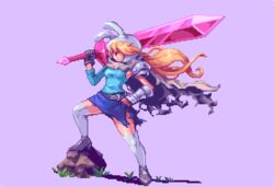  abysswolf adventure_time animal_hood belt blonde_hair cape commentary_request female fionna_campbell floating_hair full_body genderswap_(mtf) hand_on_own_hip hood kneehighs long_hair over_shoulder pixel_art purple_background rabbit_hood rule_63 skirt socks solo standing sword sword_over_shoulder torn_cape torn_clothes torn_skirt weapon weapon_over_shoulder wrist_guards 