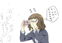  bad_id bad_pixiv_id blush brown_hair business_suit camera female formal futsuu_no_joshikousei_ga_locodol_yattemita glasses nishifukai_saori shikou_sakugo_(qqap9gt9k) solo suit translated 