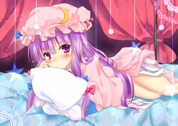  bad_id bad_pixiv_id crescent curtains dress female hat inose_riku patchouli_knowledge pillow purple_eyes purple_hair signature solo star_(symbol) touhou 