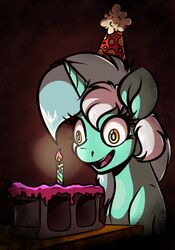  2017 amber_eyes candle cinder_block clothing equid equine female feral friendship_is_magic hair hasbro hat headgear headwear hi_res horn insane lyra_heartstrings_(mlp) mammal multicolored_hair my_little_pony mythological_creature mythological_equine mythology party_hat solo unicorn witchtaunter 