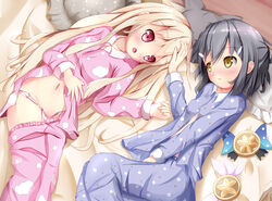  2girls bad_id bad_pixiv_id black_hair blonde_hair blush cloud crescent fate/kaleid_liner_prisma_illya fate_(series) hair_ornament hairclip hand_on_another&#039;s_head illyasviel_von_einzbern long_hair lying magical_ruby magical_sapphire miyu_edelfelt multiple_girls natuna_natu navel open_mouth pajamas pajamas_pull panties pillow pink_eyes pink_panties polka_dot print_pajamas short_hair smile star_(symbol) underwear yellow_eyes 