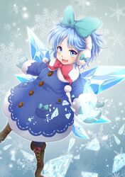  :d adapted_costume ahoge bad_id bad_pixiv_id blue_bow blue_eyes blue_hair blue_pantyhose boots bow broken buttons cirno coat cross-laced_footwear earmuffs eyebrows female hairbow ice ice_wings lace-up_boots legs_apart long_sleeves looking_at_viewer messy_hair mitsucho mittens open_mouth outstretched_arms pantyhose pom_pom_(clothes) red_bow short_hair smile snowflakes solo stitches teeth touhou wings winter_clothes 