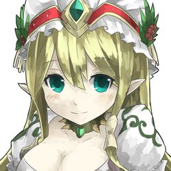  aqua_eyes berry blonde_hair blush breasts choker cleavage collar collarbone commentary_request female freyja_(p&amp;d) hat hat_leaf leaf long_hair medium_breasts mosamune pointy_ears puffy_short_sleeves puffy_sleeves puzzle_&amp;_dragons short_sleeves simple_background smile solo spiked_collar spikes upper_body white_background 