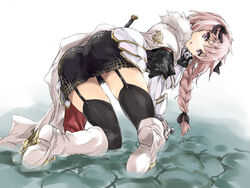  1boy :p armor ass astolfo_(fate) black_thighhighs boots braid cape commentary_request emblem fate/apocrypha fate_(series) faulds fur_trim garter_straps gauntlets hair_ribbon kneeling long_hair looking_at_viewer looking_back male_focus matsukura_nemu open_mouth otoko_no_ko pebble photoshop_(medium) pink_hair purple_eyes ribbon sheath sheathed single_braid skirt smile solo sword thighhighs tongue tongue_out weapon 