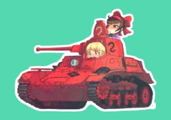  2girls ahoge animated animated blush brown_hair bug centipede crest family_crest girls_und_panzer girls_und_panzer_ribbon_no_musha hair_ribbon lemon_gear_(absent_lights) matsukaze_rin military military_vehicle mole mole_under_eye motor_vehicle multiple_girls ribbon school_uniform simple_background sweatdrop tank tatenashi_high_school_uniform tsuruki_shizuka type_97_te-ke yotsuwari-bishi 