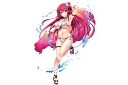  bikini blush bracelet breasts cattleya_(flower_knight_girl) cleavage female flower flower_knight_girl full_body hair_flower hair_ornament jewelry large_breasts looking_at_viewer necklace open_mouth red_eyes red_hair sandals side-tie_bikini_bottom solo strappy_heels swimsuit thigh_strap transparent_background utsurogi_akira 